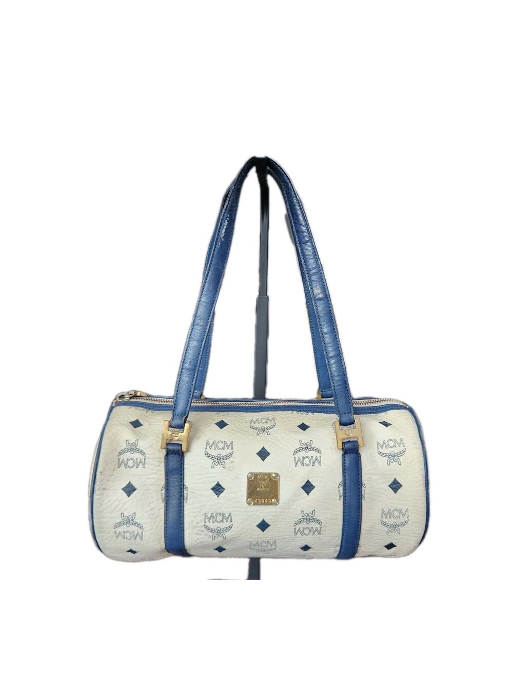 MCM Vtg Visetos Monogram Papillon Barrel Bag White with Navy Blue Trim & Handle